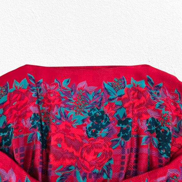 Vintage 80s Halston III Silk Floral Plaid Dress Red Pink Teal Belted Midi Size 4 - Picture 10 of 16